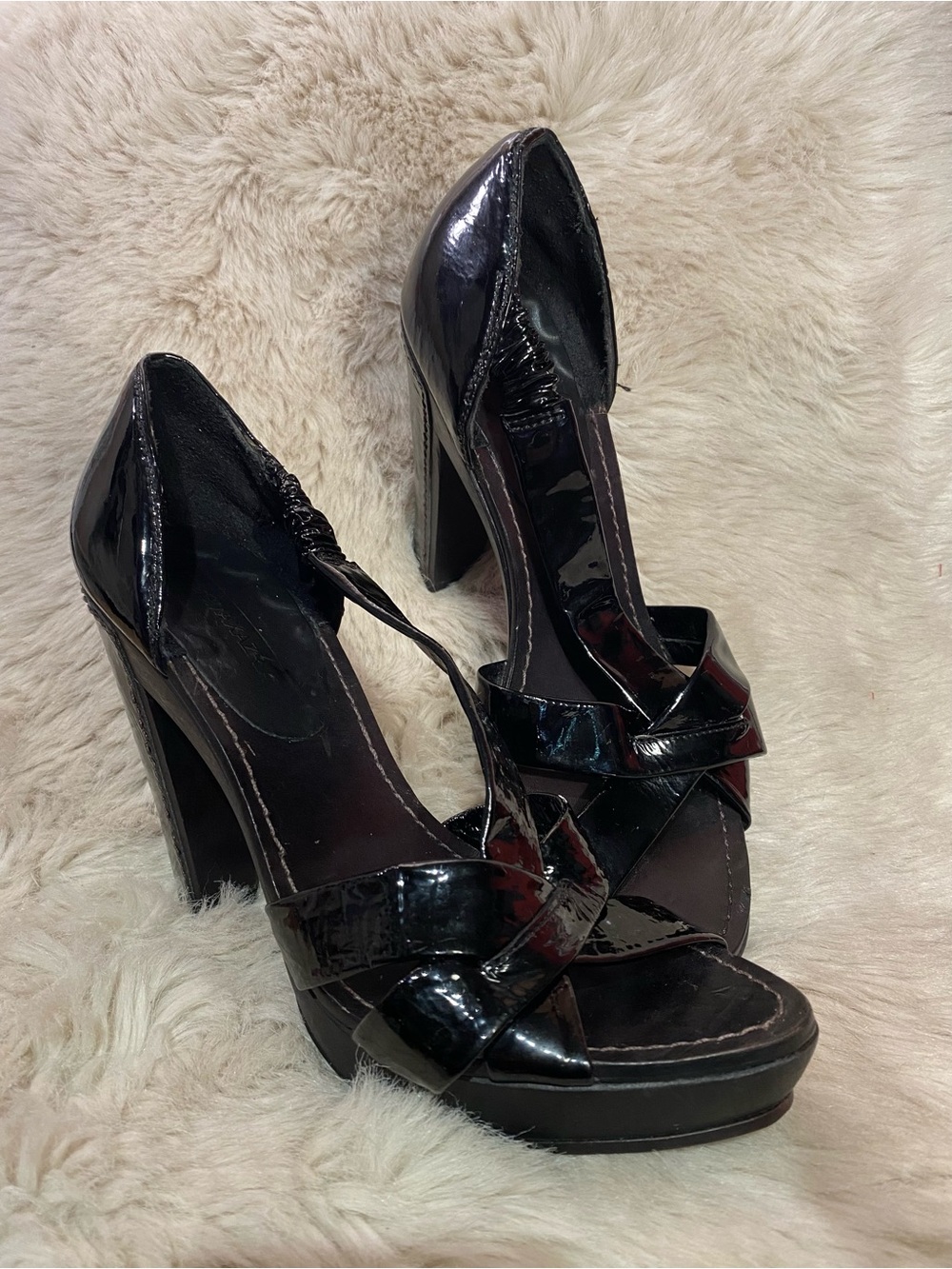BCBGMaxAzria Black Patent Leather High Block Heel Sandals